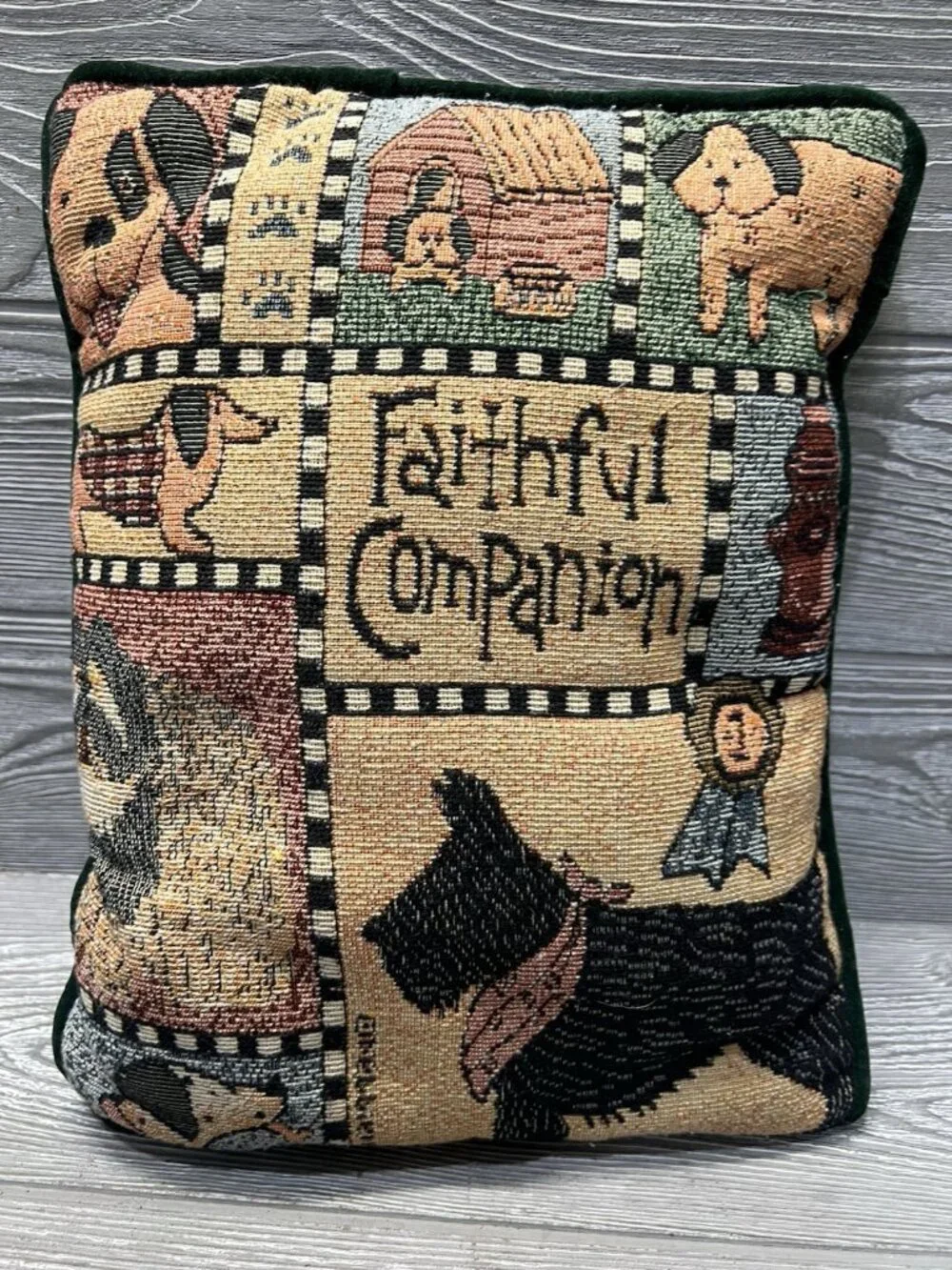 Faithful Companion Dog Puppies Throw Pillow Green Tapestry Velvet Back